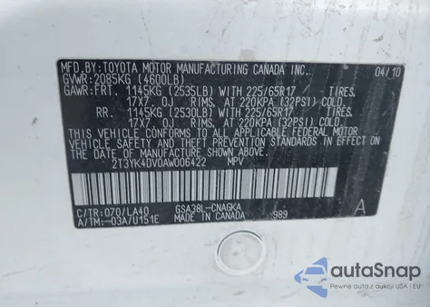 2010 Toyota Rav4 Limited V6 z USA, uszkodzony, nr VIN 2T3YK4DV0AW006422